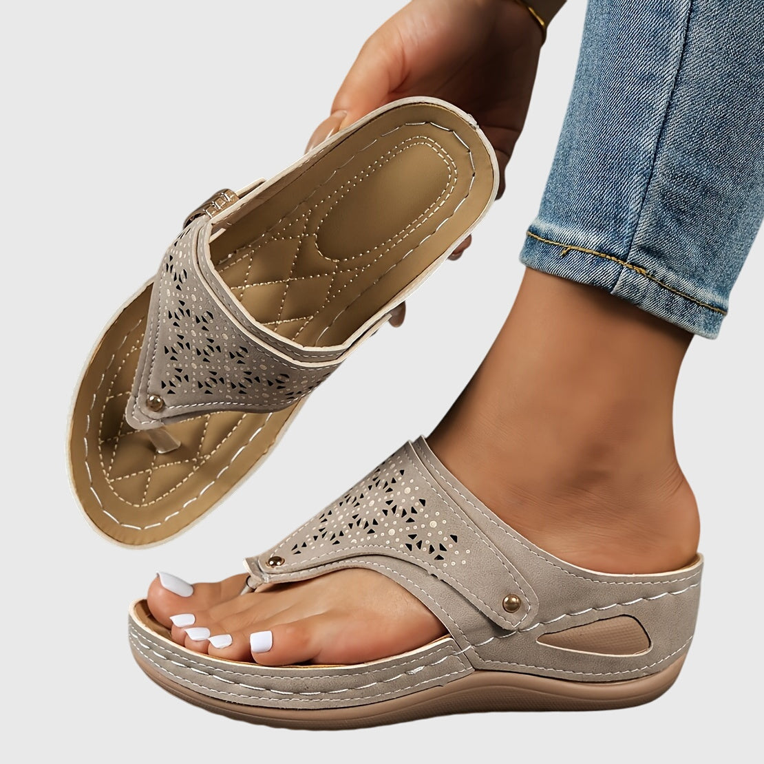 Momount Women Thong Wedge Sandals – Leather Laser-Cut Slide Toe-Post Low Heel