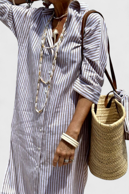 Momount Women’s Shirt Midi Dress – Striped Long Sleeve Casual Summer Beach Dress