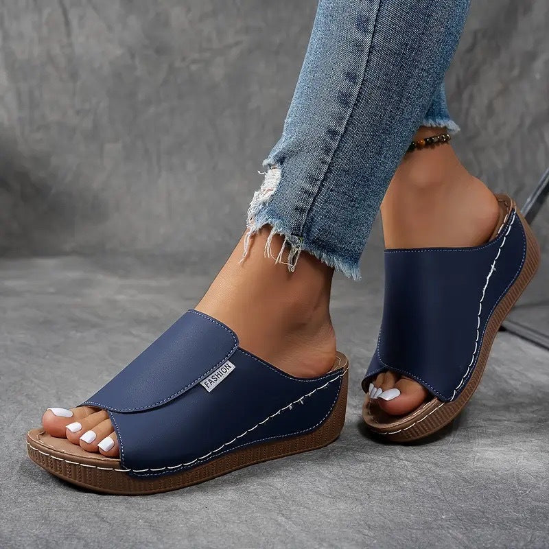 Momount Women Platform Wedge Sandals – Brown Leather Open-Toe Mule