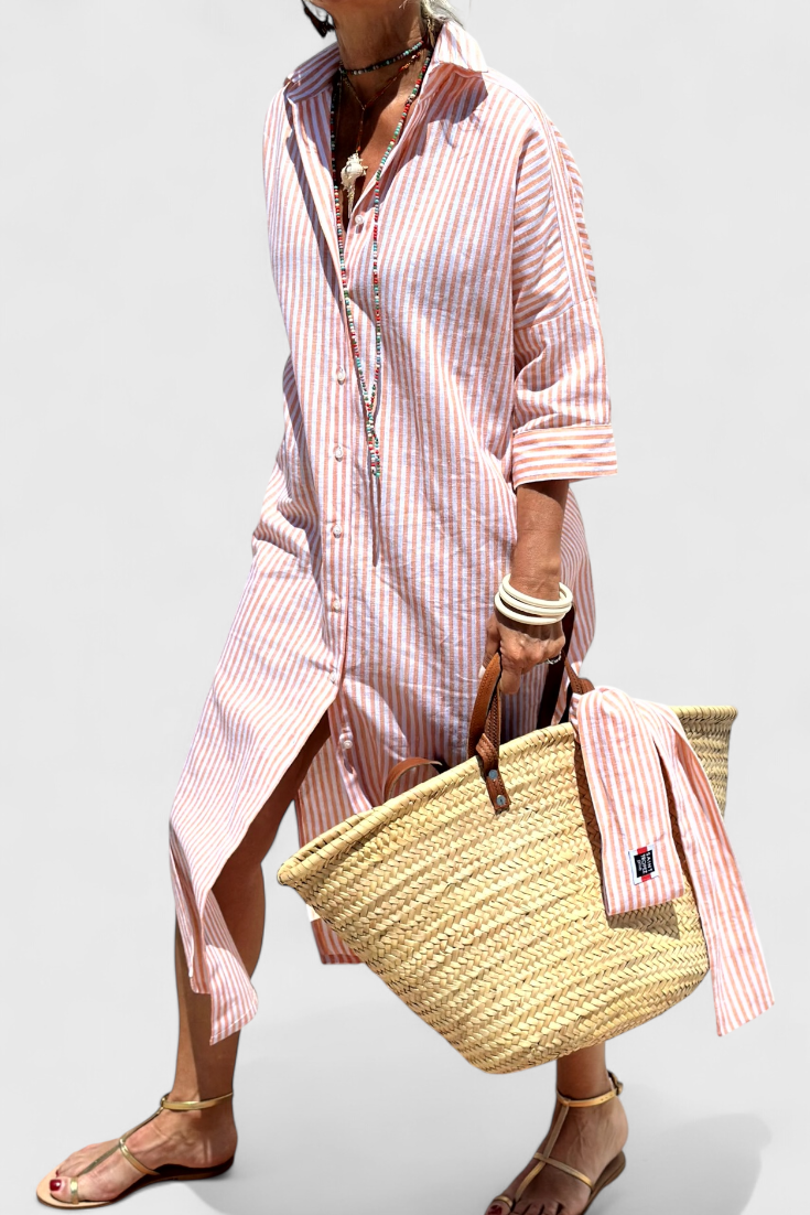 Momount Women’s Shirt Midi Dress – Striped Long Sleeve Casual Summer Beach Dress