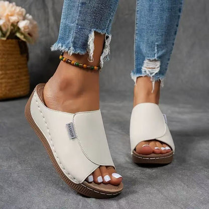 Momount Women Platform Wedge Sandals – Brown Leather Open-Toe Mule