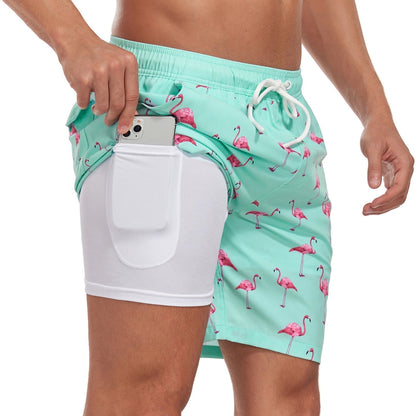 Momount Men Swim Shorts – Palm Print Compression Liner Quick Dry Mid