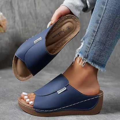 Momount Women Platform Wedge Sandals – Brown Leather Open-Toe Mule