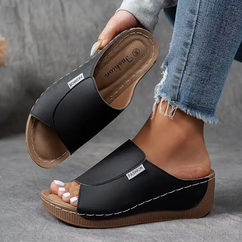 Momount Women Platform Wedge Sandals – Brown Leather Open-Toe Mule