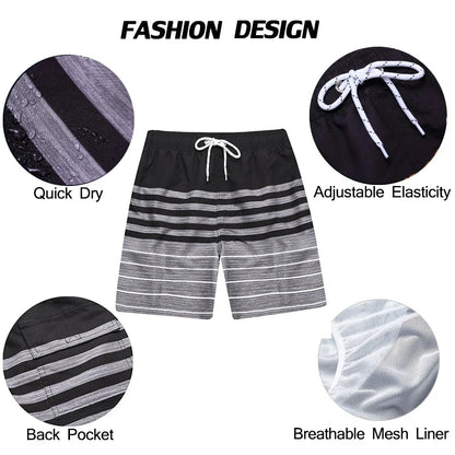 Momount Men Swim Shorts – Striped Drawstring Quick Dry Summer Beach