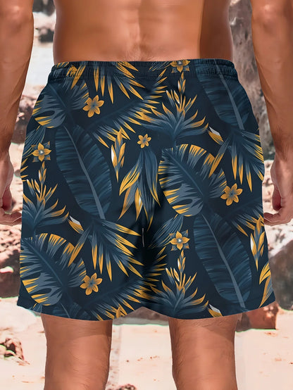 Momount Men Swim Shorts – Tropical Leaf Print Drawstring Knee Length