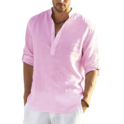 Momount Men Linen Henley Shirt – Long Sleeve Band Collar Casual