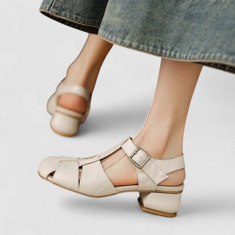 Momount Women Leather Sandals – Closed Toe Buckle Low Heel Vintage