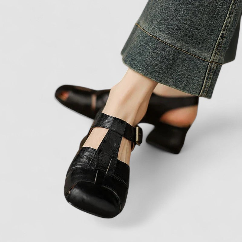 Momount Women Leather Sandals – Closed Toe Buckle Low Heel Vintage