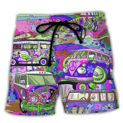 Momount Men Swim Shorts – Hippie Van Graphic Print Drawstring Summer
