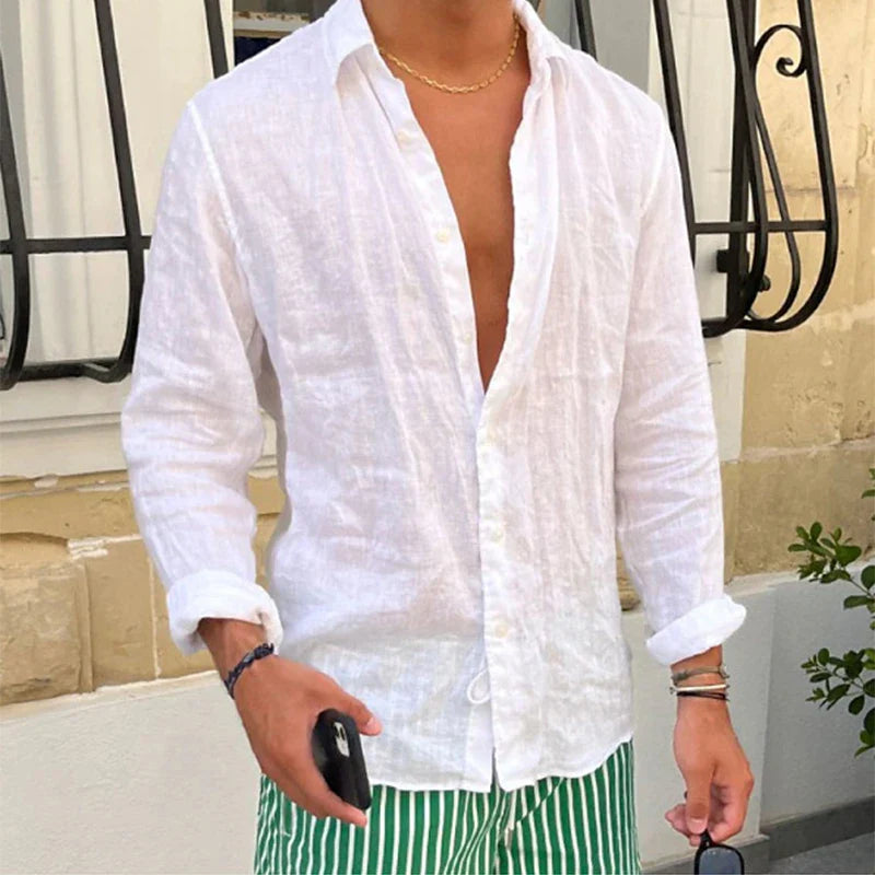 Momount Men Linen Shirt – Long Sleeve Relaxed Fit Summer Casual