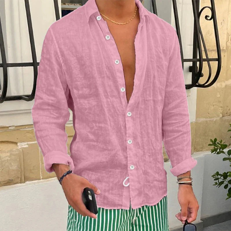 Momount Men Linen Shirt – Long Sleeve Relaxed Fit Summer Casual