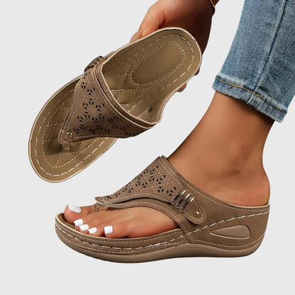 Momount Women Thong Wedge Slides – Leather Laser-Cut Toe-Post Quilted Footbed