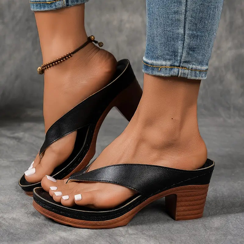Momount Women Heeled Thong Sandals – Leather Block Heel Toe-Post Cushioned Footbed