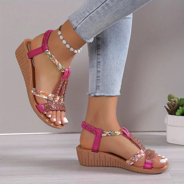 Momount Women Wedge Sandals – Fuchsia Floral Rhinestone Braided Boho