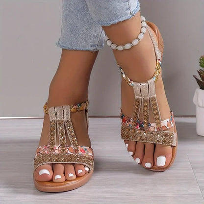 Momount Women Wedge Sandals – Fuchsia Floral Rhinestone Braided Boho