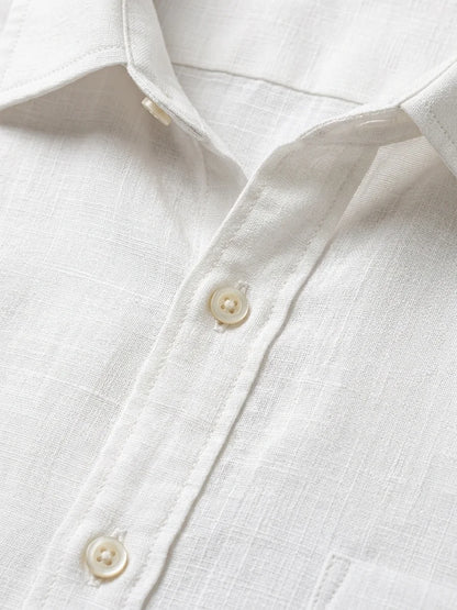 Momount Men Linen Shirt – Long Sleeve Button Up Relaxed Fit Beach - White - detail