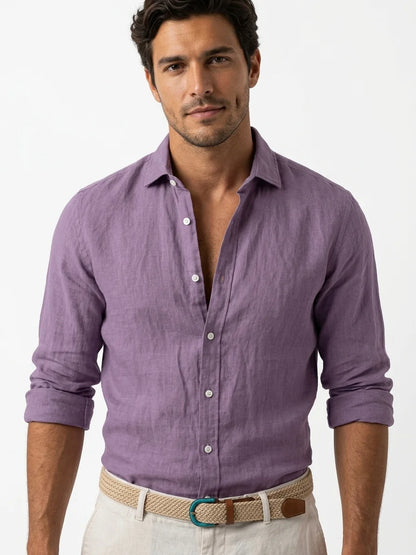Momount Men Linen Shirt – Long Sleeve Turn Down Collar Summer Casual - Purple - front