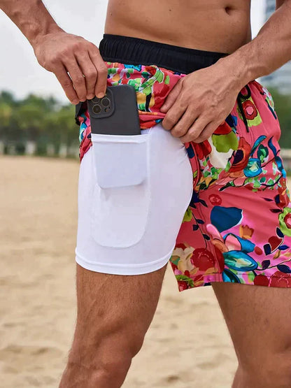 Momount Men Swim Shorts – Palm Print Compression Liner Quick Dry Mid