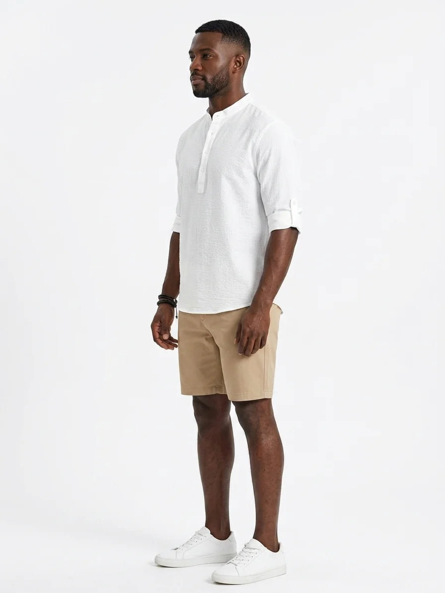 Momount Men Waffle Linen Shirt – Long Sleeve Band Collar Chest Pocket - White - side