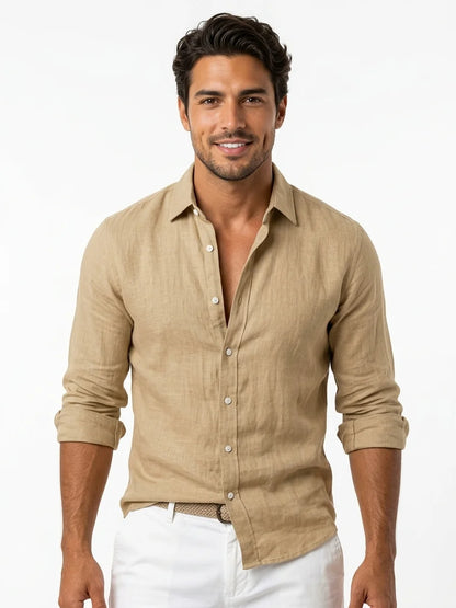 Momount Men Linen Shirt – Long Sleeve Turn Down Collar Summer Casual - Khaki - front