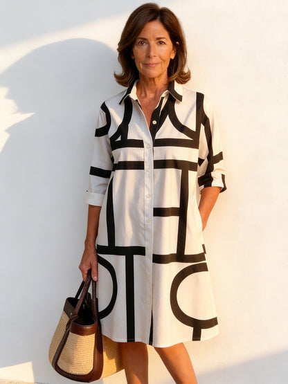 Momount Women Shirt Dress – Abstract Letter Print Button Down Midi