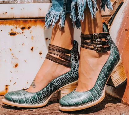 Evadne | Western Buckle Leather Block Heel Boots