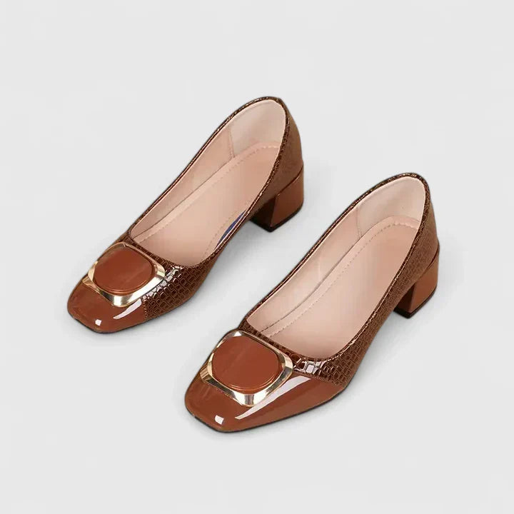 Ophelia | Gold Chain Crocodile Block Heel Loafers