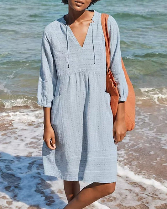 Persephone | Beach Cotton V Neck Hooded Tunic Dress