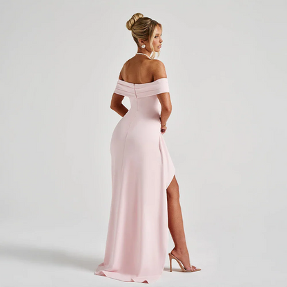 Daniela | Elegant Off Shoulder Ruched High Slit Evening Maxi Dress