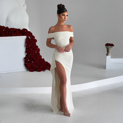 Daniela | Elegant Off Shoulder Ruched High Slit Evening Maxi Dress