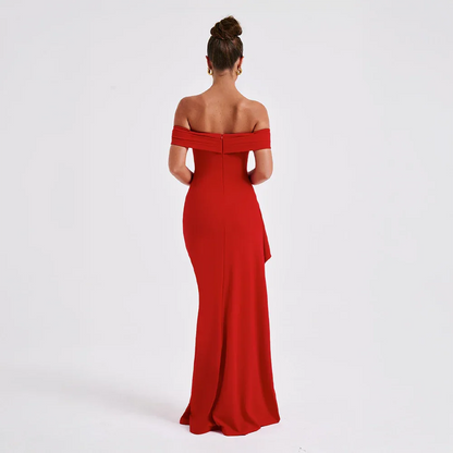 Daniela | Elegant Off Shoulder Ruched High Slit Evening Maxi Dress