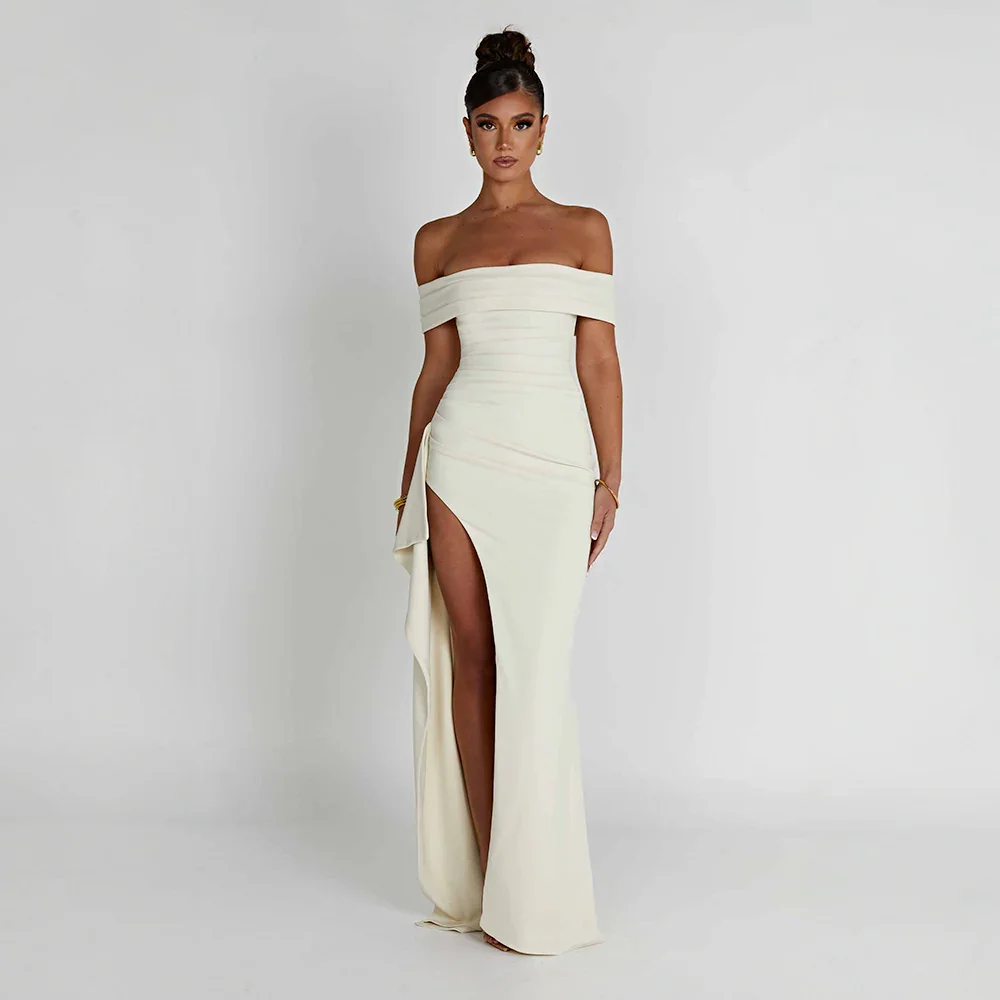 Daniela | Elegant Off Shoulder Ruched High Slit Evening Maxi Dress