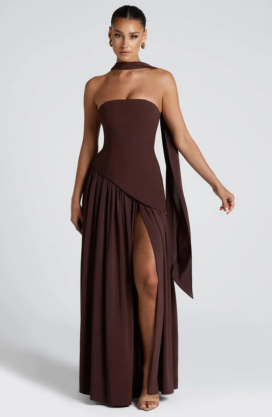 Calista | Elegant Strapless Corset Scarf Detail Slit Maxi Dress
