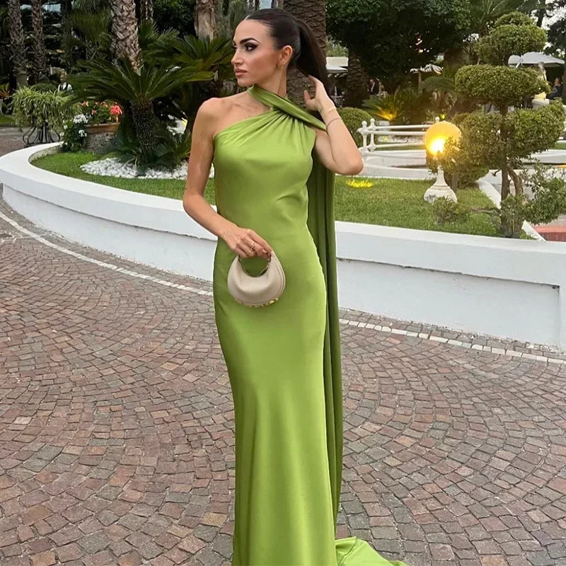 Ottavia | Draped Satin One Shoulder Caped Evening Maxi Dress