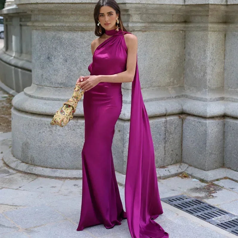 Ottavia | Draped Satin One Shoulder Caped Evening Maxi Dress