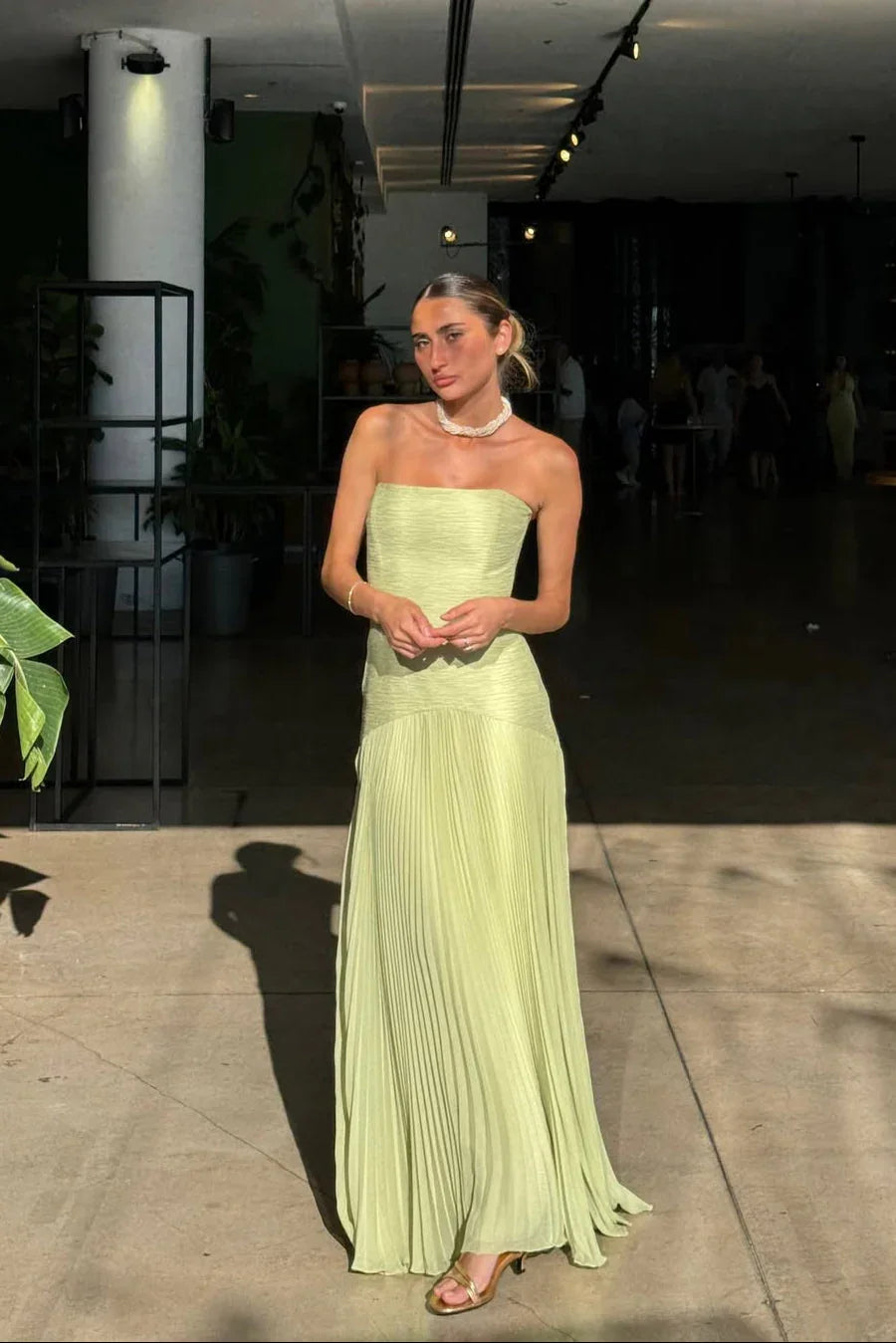 Emiliana | Pleated Satin Slit Strappy Evening Flowy Maxi Dress