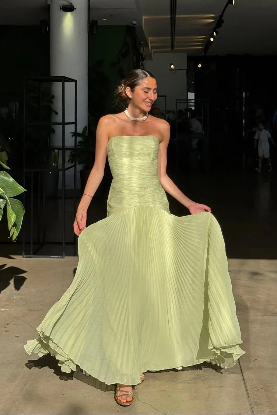 Emiliana | Pleated Satin Slit Strappy Evening Flowy Maxi Dress