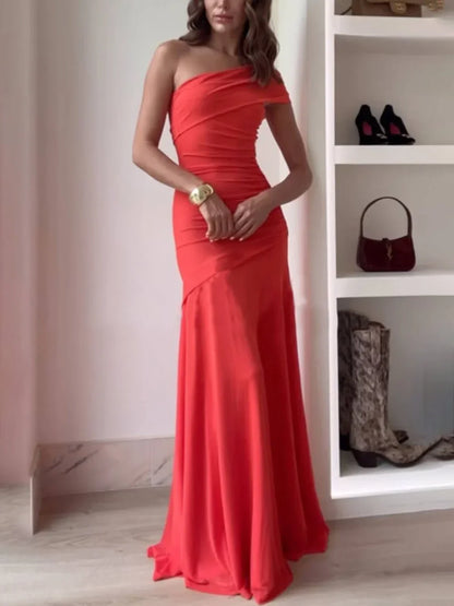 Eliana | Elegant One Shoulder Ruched Asymmetric Evening Maxi Dress
