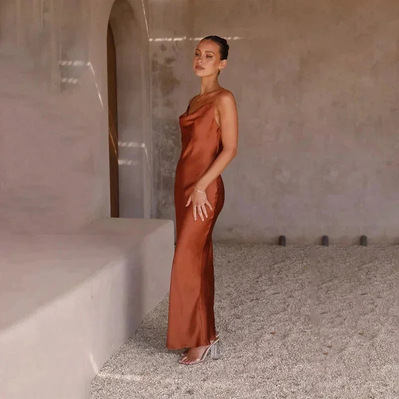 Calliope | Elegant Satin Cowl Neck Slip Bias Cut Evening Maxi Dress