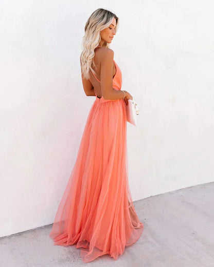 Damiana | Ethereal Tulle V Neck Backless Flowy Evening Maxi Dress