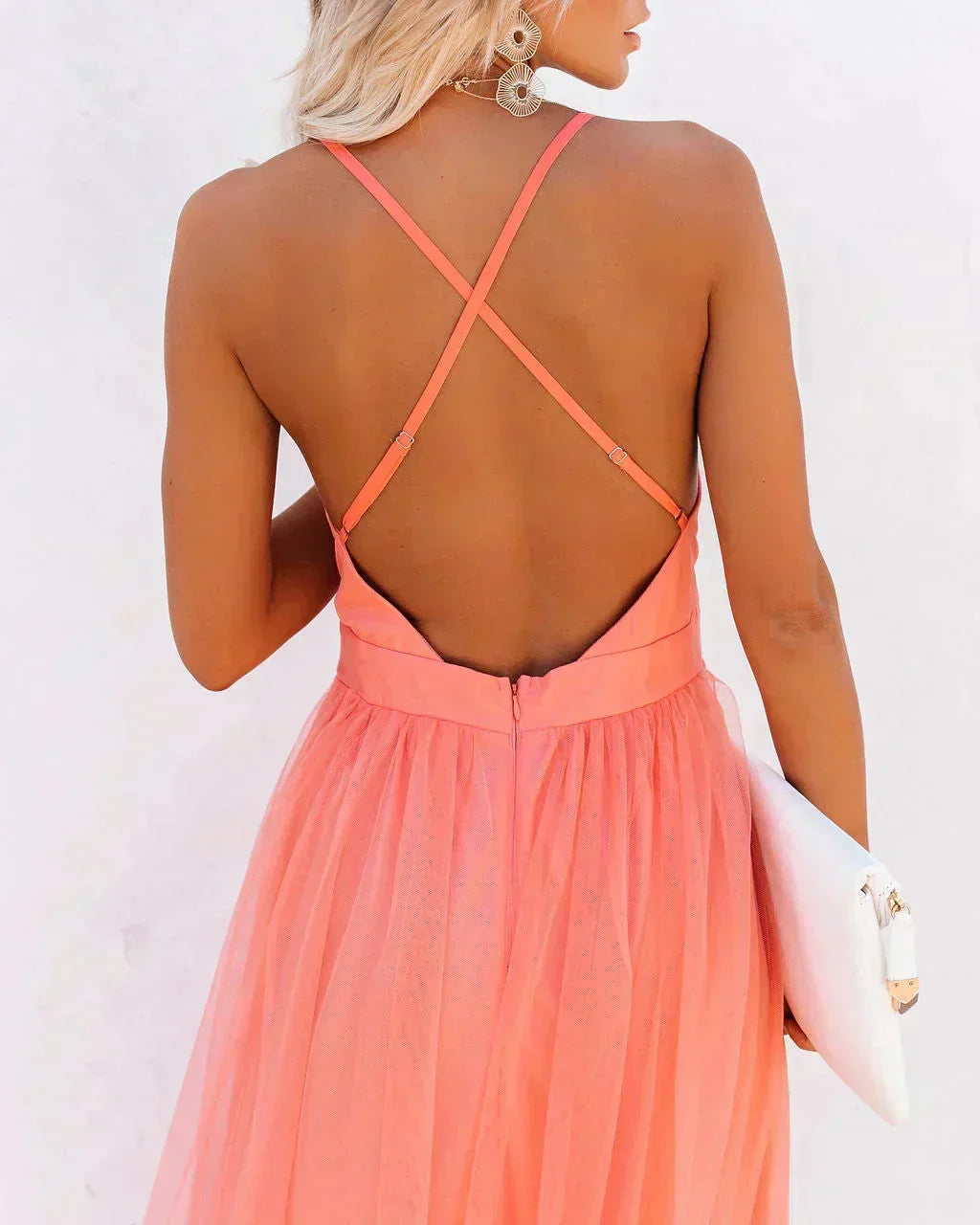 Damiana | Ethereal Tulle V Neck Backless Flowy Evening Maxi Dress