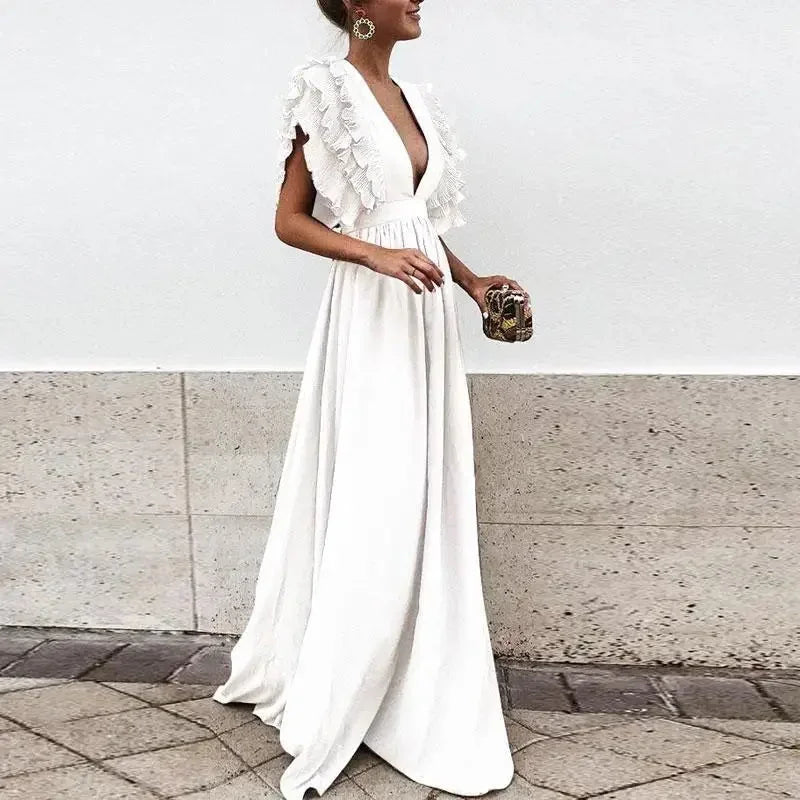 Dorelia | Flowy Chiffon V Neck Ruffle Sleeve Summer Maxi Dress