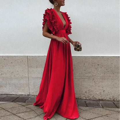 Dorelia | Flowy Chiffon V Neck Ruffle Sleeve Summer Maxi Dress