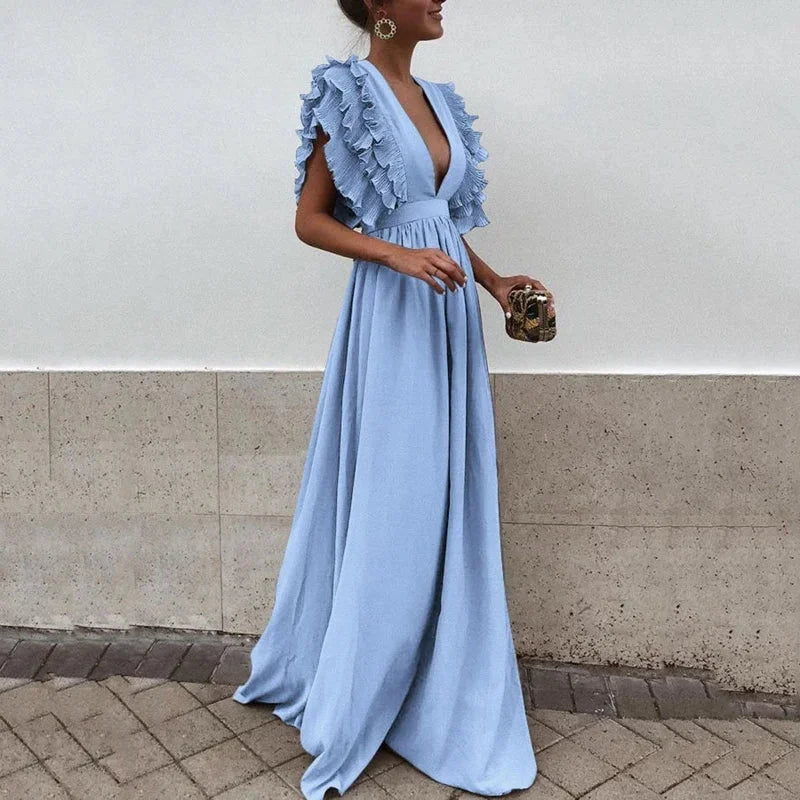Dorelia | Flowy Chiffon V Neck Ruffle Sleeve Summer Maxi Dress