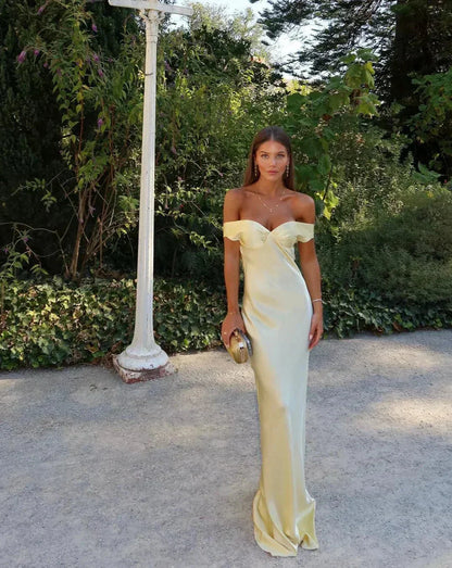 Fiammetta | Elegant Satin Off Shoulder Bodycon Evening Maxi Dress