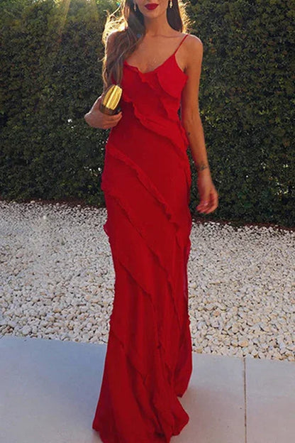 Rosalba | Boho Chiffon Ruffled V Neck High Slit Summer Maxi Dress
