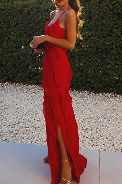 Rosalba | Boho Chiffon Ruffled V Neck High Slit Summer Maxi Dress
